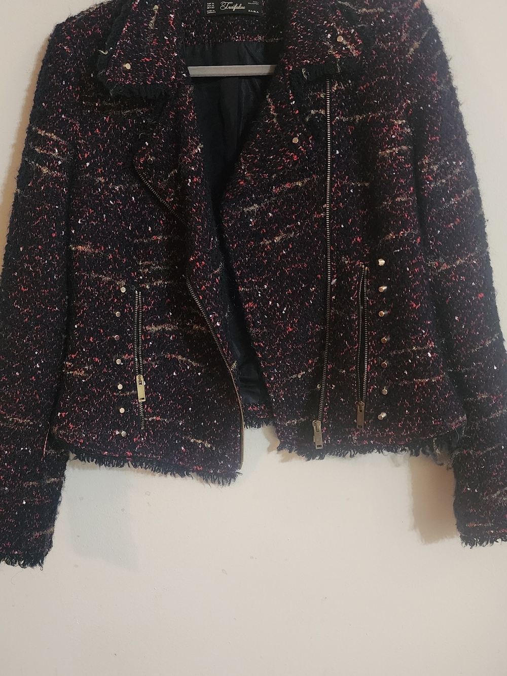 Zara Trafaluc Black Multicolored Tweed Moto Jacket Frayed Trim XL